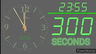 JCTG 5 Minutes (300 Seconds) Countdown into Midnight from 23:55 to 00:00 with music clock timer.