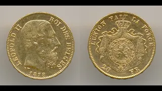 Нумизматика. Золотая монета. Бельгия, 20 франков 1878 года.