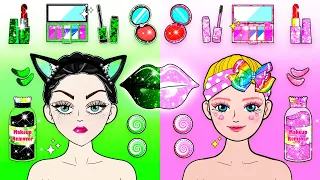 Vestir Muñecas De Papel | Pink vs Green Need To Makeover 💗💚 - Makeup Challenge💅 | Woa Doll Spanish