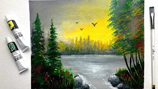 Easy Beginner Nature Landscape Painting | Sunset Forest Acrylic Painting Tutorial