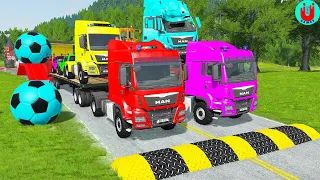 Double Flatbed Trailer Truck vs Speedbumps Train vs Cars | Tractor vs Train Beamng.Drive 028