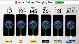 realme 10 vs Redmi Note 12 vs POCO M5 vs iQOO Z6 lite vs Infinix 12i vs Samsung A14 Charging Test