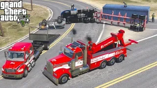 GTA 5 Real Life Mod #199 Tow Truck Wrecker Flips A Semi Truck & Container Trailer That Rolled Over