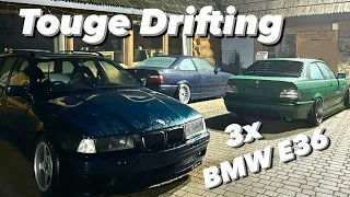 Touge Drifting - 3x BMW E36 Tandem Runs on Narrow Road | POV