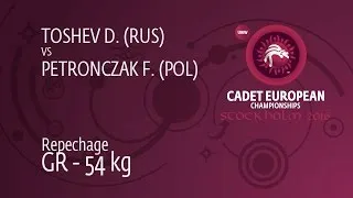 Repechage GR - 54 kg: D. TOSHEV (RUS) df. F. PETRONCZAK (POL), 4-1