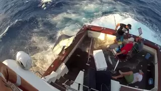 600lb Black Marlin Jumps in Boat and Lands on the Crew!  Captured on 4 different cameras! Very Scary