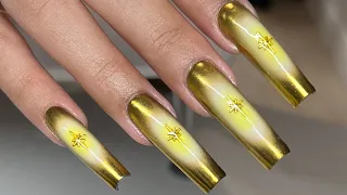 Gold Chrome Nails | Aura Airbrush Nails | Star Charms | Gel-X Nails | Tapered Square Gel-X