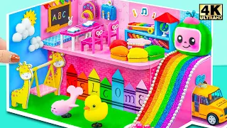 First Day Build Pink CoComelon Miniature School with Rainbow Slide Pool, Bus ❤️ DIY Miniature House