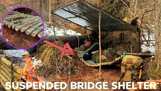 Solo Overnight Building a Suspended Bridge Shelter and Bacon Steak with Potatoes and Cheese