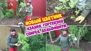 Цветник у забора! Посадка крупнолистной гортензии, азалии (рододендрона), спиреи, дельфиниума.