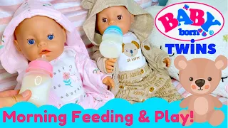 💖💙Baby Born Twins: Morning Routine, Feeding, Play & Nap! Emma & Ethan Are Eating Solid Food Now! 🍎🍐