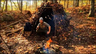Solo Overnight in Bushcraft Leaf Hut Shelter