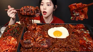 SUB)Spicy Mala Squid Enoki Mushroom Chapagetti Instant Noodle Mukbang Asmr