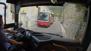 Bus drive in narrow mountain road, 4K