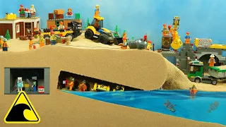 Lego Gold Mine Disaster - Tsunami Dam Breach Experiment - Wave Machine VS Lego Miners