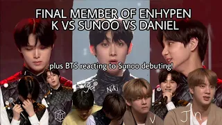 [English subtitle] FINAL MEMBER OF ENHYPEN SUNOO VS K VS DANIEL plus BTS reacting to Sunoo debuting!