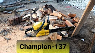 Бензопила Champion 137 в работе.