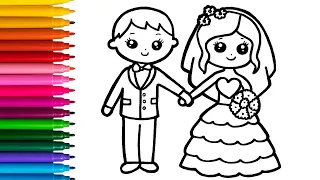 Bride And Groom Drawing, Painting & Coloring For Kids And Toddlers💗 Cute Couple Drawing