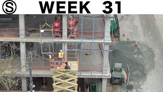 One-week construction time-lapse w/closeups: Week 31 of the Ⓢ-series: curtain wall, endless gravel