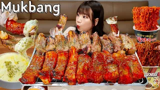 Sub)Real Mukbang- Grilled Spicy Pork Backbone & Cheese 🍖🧀 Fire Noodles (Buldak) 🔥 ASMR KOREAN FOOD