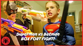 Superman vs Batman Box Fort Fight! kids nerf superhero real life movie SuperHeroKids