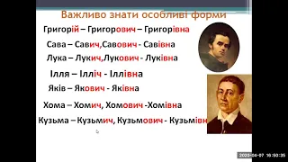 "Творення та відмінювання чоловічих та жіночих імен по батькові", 10 кл, Кучерява В В