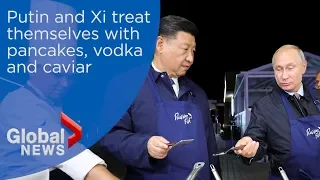 Vladimir Putin and Xi Jinping treat themselves with pancakes, vodka and caviar