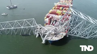 Drone footage shows damage done to Francis Scott Key Bridge in Baltimore