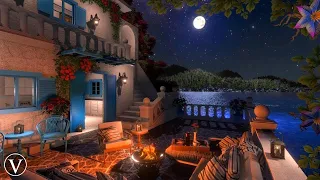Greek Terrace | Night Ambience | Ocean Waves, Fire Pit & Nature Sounds