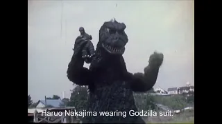 Haruo Nakajima wearing the Godzilla suit for the news media "press".