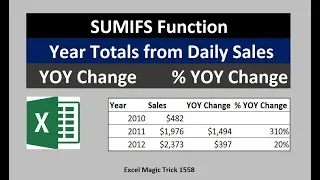Excel Magic Trick 1558: SUMIFS: Year Totals from Daily Sales, YOY Change, % YOY Change
