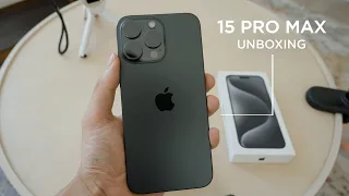 Iphone 15 Pro Max Titanium Black Relaxing Unboxing | setup + camera test, MagSafe accessories