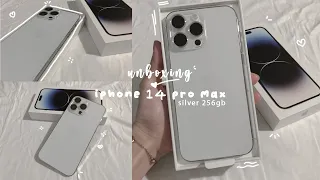 aesthetic unboxing iphone 14 pro max silver 256 GB | with cute case accessories + protector 💜☁️