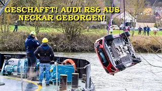 Geschafft! Sportwagen Audi RS6 wird aus dem Neckar geborgen | Schiff mit Kran im Einsatz