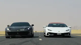 Ferrari 812 Superfast vs. Lamborghini Huracan Evo Spyder - Drag Race in Dubai on Half Desert Road