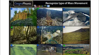 Types of Mass Movements , landslide, mudslide, rockslide, soil creep, lahar, geology game