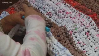 Elderly women create sleeping mats out of plastic bags for the homeless as a hobby