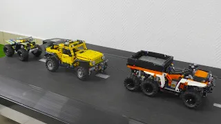 Jeep Wrangler, All-Terrain Vehicle and ATV VS Treadmill with obstacles. Lego Technic