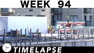 One-week construction time-lapse with 27 closeups: Ⓗ Week 94: Exterior glass, cranes, welders, more