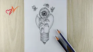 Creative bulb drawing with pencil | Sunflower in a light bulb pencil sketch drawing