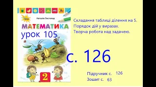 Математика 2 урок 105 с 126 Складання таблиці ділення на 5 Порядок дій у виразах Задачі