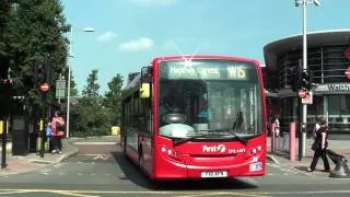 (HD) London buses on Routes W12, W15, 48 & 257 leave Walthamstow Bus Station