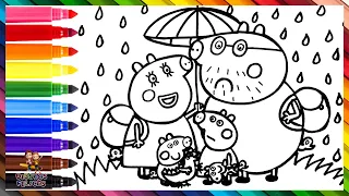 Dibuja y Colorea A Peppa Pig Y A Su Familia Bajo La Lluvia 🐷☔🎒🌈 Dibujos Para Niños