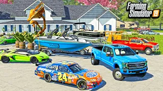 MILLIONAIRE REDNECK CRIB TOUR! (NASCAR, LAMBO, MALIBU SKI BOAT) | FARMING SIMULATOR 2019