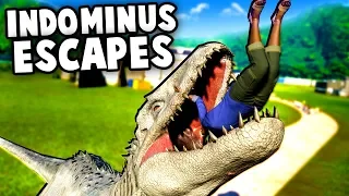 Indominus Rex ESCAPES!  Dinosaurs Break Out!  (Jurassic World Evolution T Rex vs Indominus Rex)