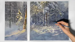 WINTER FOREST|  Watercolor painting. How to paint sunlight in the snow