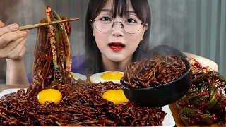 ASMR BLACK BEAN NOODLES & GREEN ONION KIMCHI | COOKING & MUKBANG | EATING SOUNDS