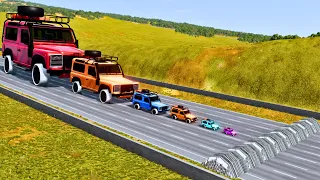 Giant to Small Land Roveres vs Speedbump, Water Wall, Fire Wall - BeamNG.drive