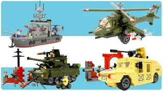 How to Build LEGO military sets - Enlighten 817 Hummers,  818 Helicopter,   820 frigate,  823 Tank