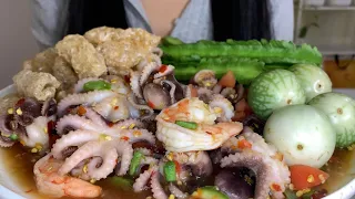 ตำหมึกสาย | Spicy Seafood Octopus & Shrimp | ASMR Thai Food MUKBANG | NO TALKING